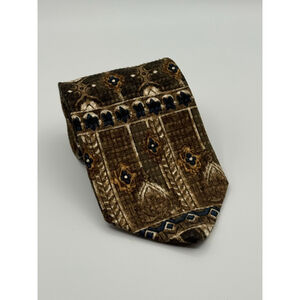 Pierre Balmain Couture 100% Silk Tie Brown Blue Gold Geometric Floral Vintage